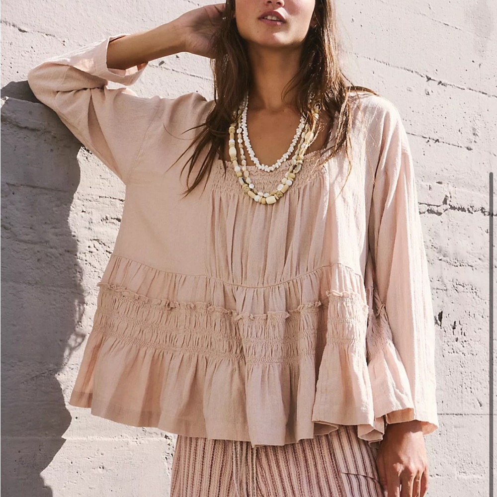 Free People Nyla Blush Gauze Peasant Blouse